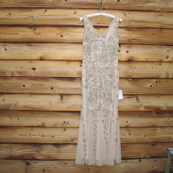 Pisarro Nights Nights Blush Beige Beaded Sequin Gown Dress 10 - Picture 3 of 13